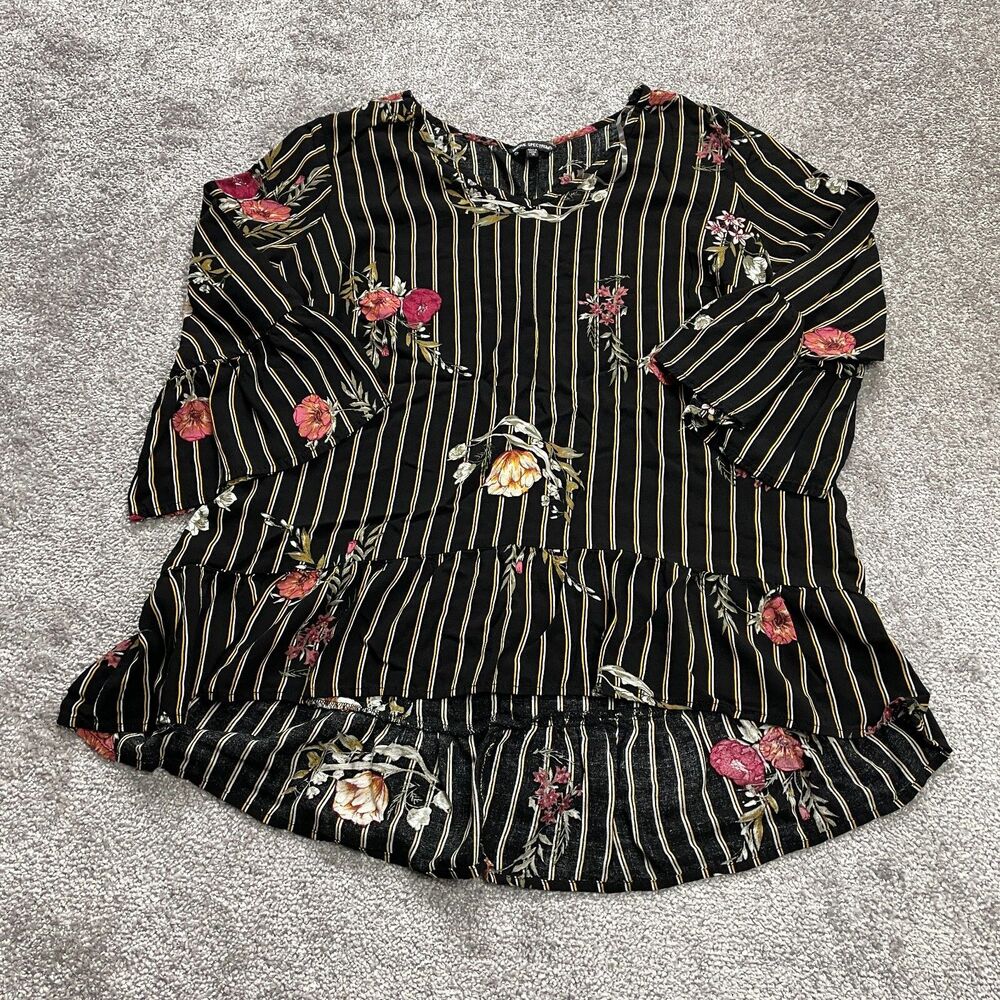 Unique Spectrum Blouse Shirt Womens Plus 1X Black Yellow Striped Floral Flare